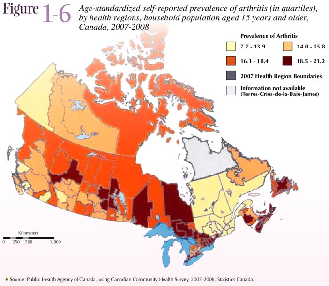 Figure 1-6: Age-standardized self-reported prevalence of arthritis (in quartiles), Prevalence of Arthritis 2007-2008