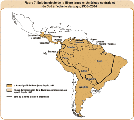 Figure 7. &Eacute;pid&eacute;miologie de la fi&egrave;vre jaune en Am&eacute;rique centrale et du Sud &agrave; l'&eacute;chelle des pays, 1950-2004