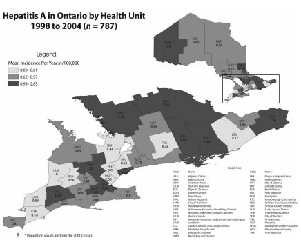 Figure 4. Hepatitis A in Ontario by Health Unit, 1998 to 2004 (n = 787)