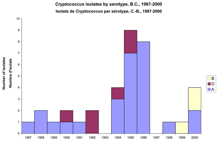 Figure 2. Résultats du sérotypage des isolats conservés au BCCDC (n = 36). A = sérotype A (C. neoformans), D = sérotype D (C. neoformans), B = sérotype B (C. gattii)