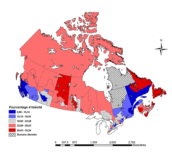 Pr&eacute;valence de l&rsquo;ob&eacute;sit&eacute; (IMC &ge; 30) chez les adultes, selon la r&eacute;gion sociosanitaire, l&rsquo;&acirc;ge et le sexe normalis&eacute;s de la population canadienne de 2005 (de 25 &agrave; 64 ans), Enqu&ecirc;te sur la sant&eacute; dans les collectivit&eacute;s canadiennes, 2005