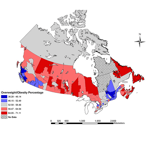Adult overweight/obesity (BMI >= 25) prevalence by health region, age and sex standardized to the 2005 Canadian population (25-64 years), Canadian Community Health Survey, 2005