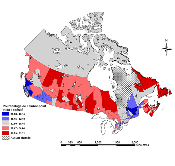 Pr&eacute;valence de l&rsquo;embonpoint et de l&rsquo;ob&eacute;sit&eacute; (IMC &ge; 25) chez les adultes, selon la r&eacute;gion sociosanitaire, l&rsquo;&acirc;ge et le sexe normalis&eacute;s de la population canadienne de 2005 (de 25 &agrave; 64 ans), Enqu&ecirc;te sur la sant&eacute; dans les collectivit&eacute;s canadiennes, 2005