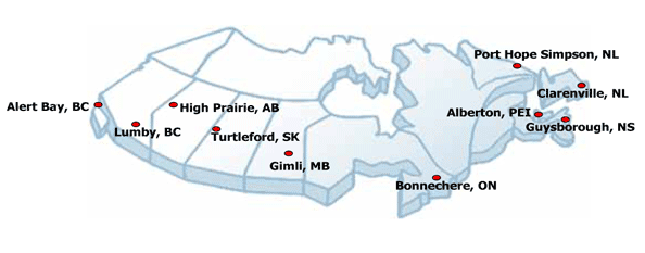 Carte du Canada: Alert Bay, BC, Lumby, BC, High Prairie, AB, Turtleford, SK, Gimli, MB, Bonnechere, ON, Port Hope Simpson, NL, Clarenville, NL, Alberton, PEI, Guysborough, NS
