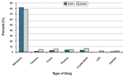 Figure 8. Most commonly used non-injection drugs in the previous 3 months among street youth who reported using non-injection drugs (2001 and 2003)