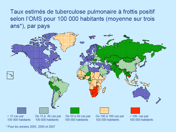 Figure 1. Taux estim&eacute;s de tuberculose pulmonaire &agrave; frottis positif selon l'OMS pour 100 000 habitants
(moyenne sur trois ans*), par pays